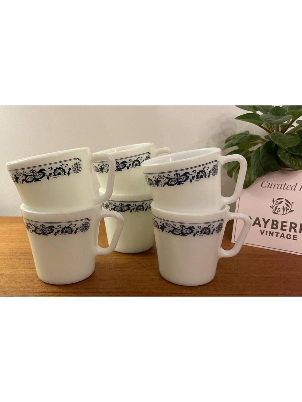 Vintage Pyrex Milk Glass Mugs Old Town Blue D Handle 1410 Set of 6